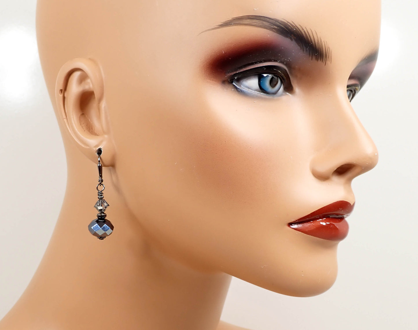 Metallic Gray Glass Crystal Handmade Drop Earrings Gunmetal Hook Lever Back or Clip On