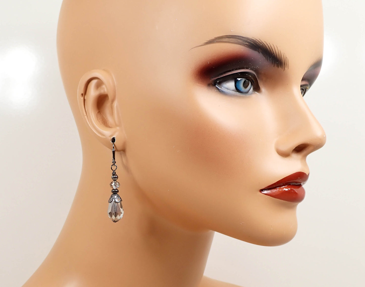 Smoky Gray Handmade Teardrop Earrings Gunmetal Hook Lever Back or Clip On