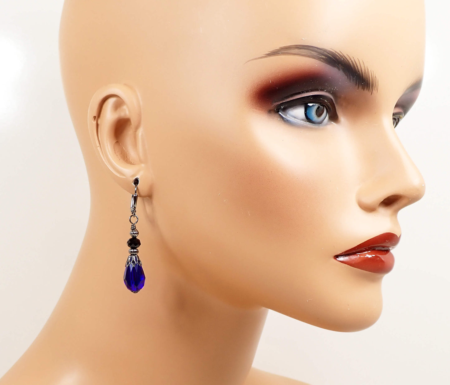 Goth Black and Cobalt Blue Handmade Teardrop Earrings Gunmetal Hook Lever Back or Clip On
