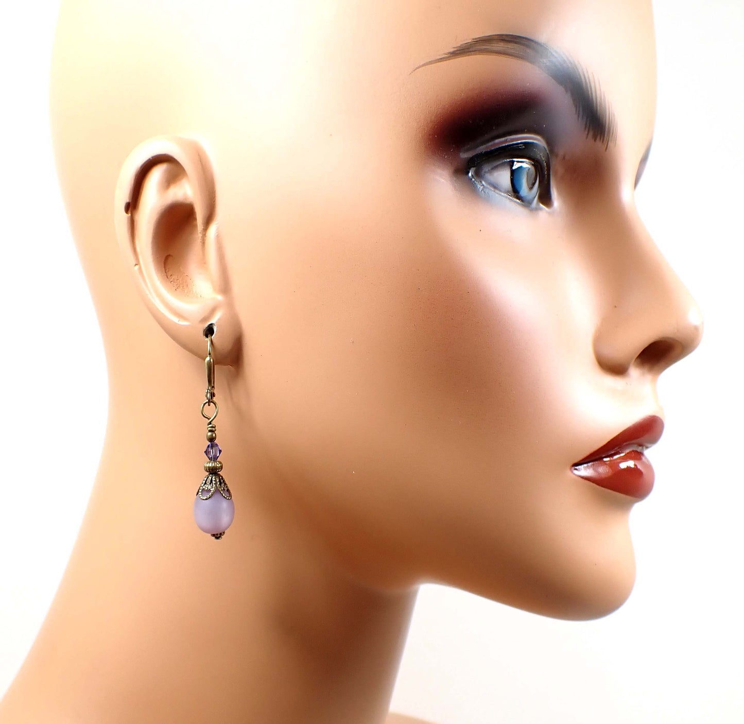 Handmade Small Frosted Purple Lucite Drop Earrings with Antiqued Brass Hook Lever Back or Clip On