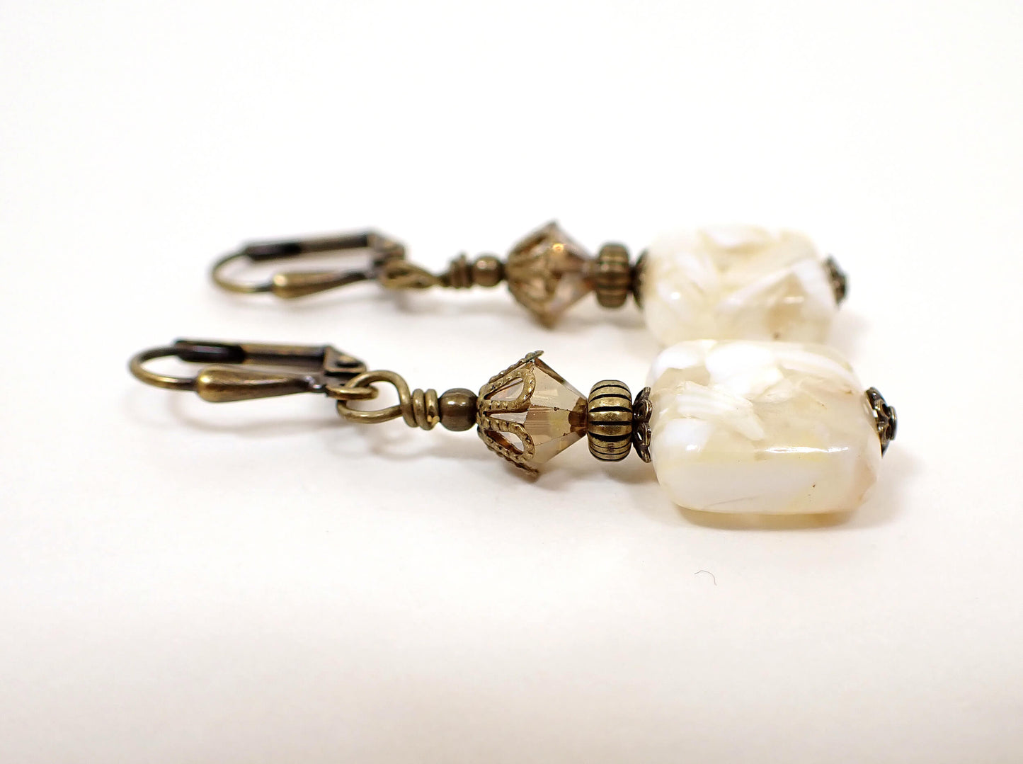 Antiqued Brass Off White Mother of Pearl Handmade Earrings Hook Lever Back or Clip On