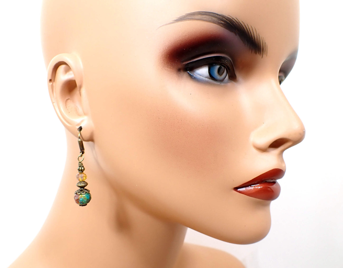 Antiqued Brass Multi Color Faceted Glass Drop Handmade Earrings Hook Lever Back or Clip On
