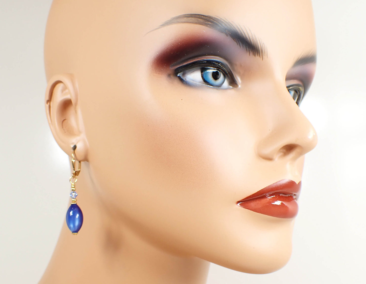 Small Blue Moonglow Lucite Handmade Drop Earrings Gold Plated Hook Lever Back or Clip On