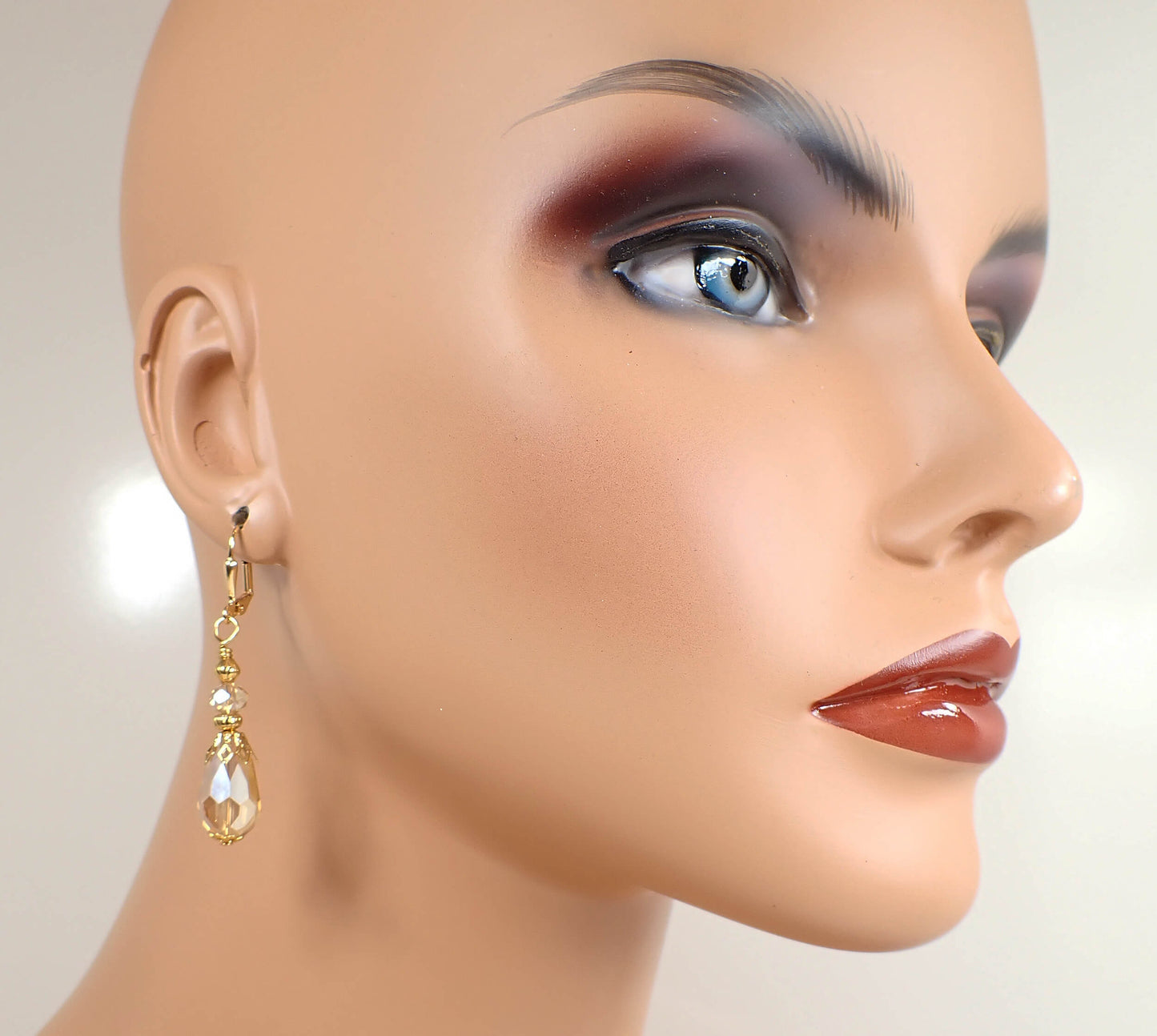 Handmade Champagne Peach Color Teardrop Earrings Gold Plated Hook Lever Back or Clip On