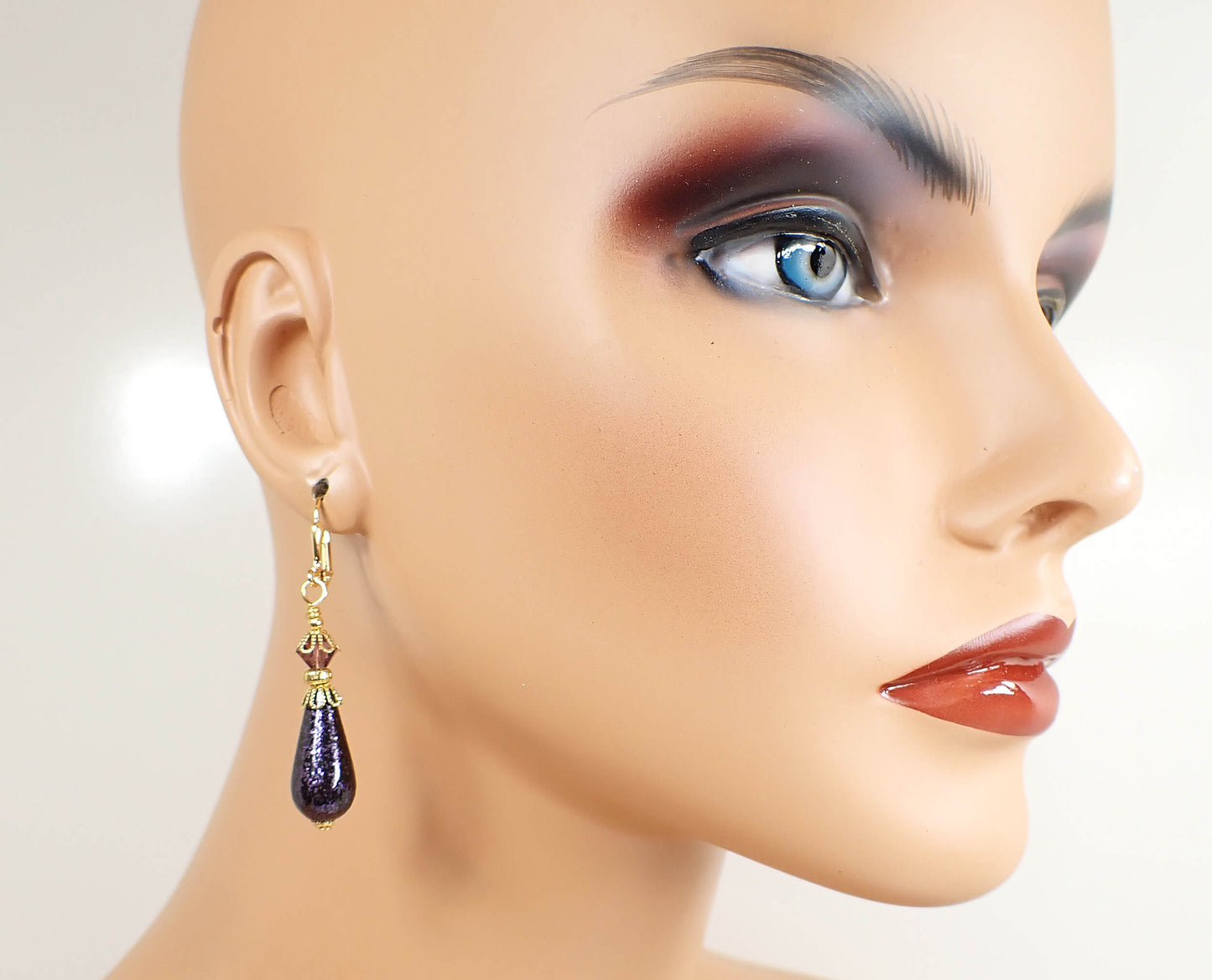Dark Purple Glitter Handmade Teardrop Earrings Gold Plated Hook Lever Back or Clip On