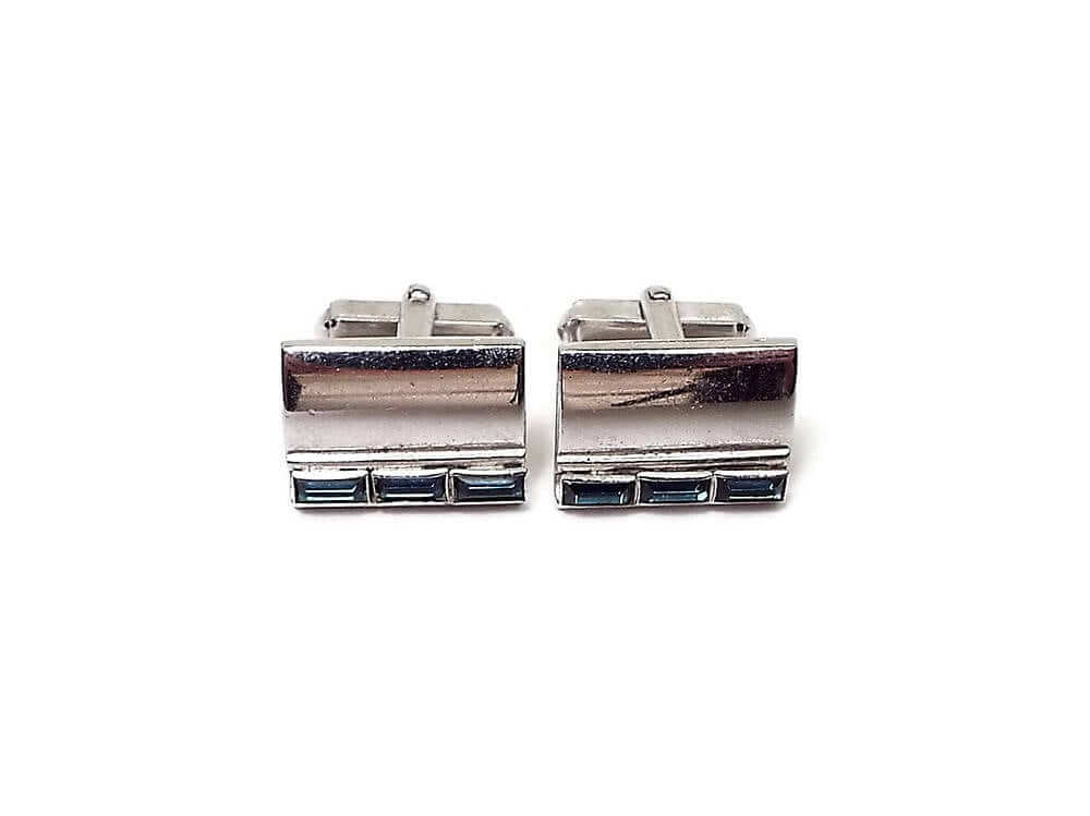Anson Blue Rhinestone Vintage Cufflinks, Rectangle Cuff Links