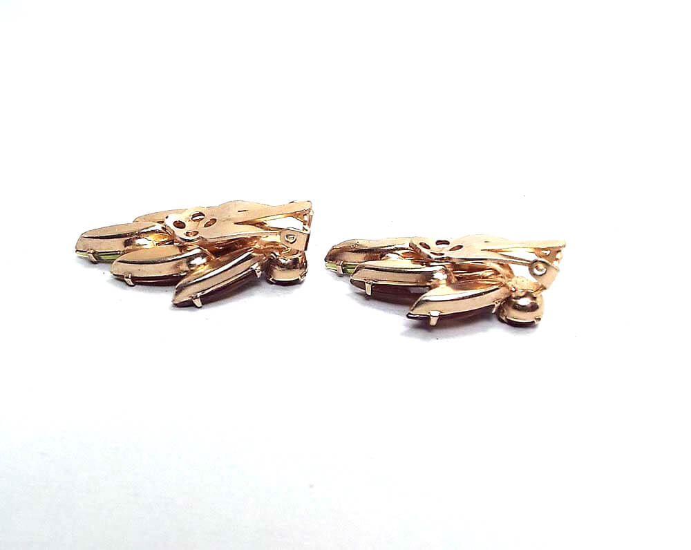 Orange and Green Rhinestone Vintage Clip on Earrings