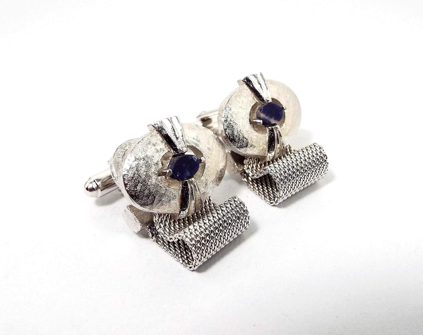 Dante Blue Sodalite Vintage Mesh Cufflinks, Mid Century Cuff Links
