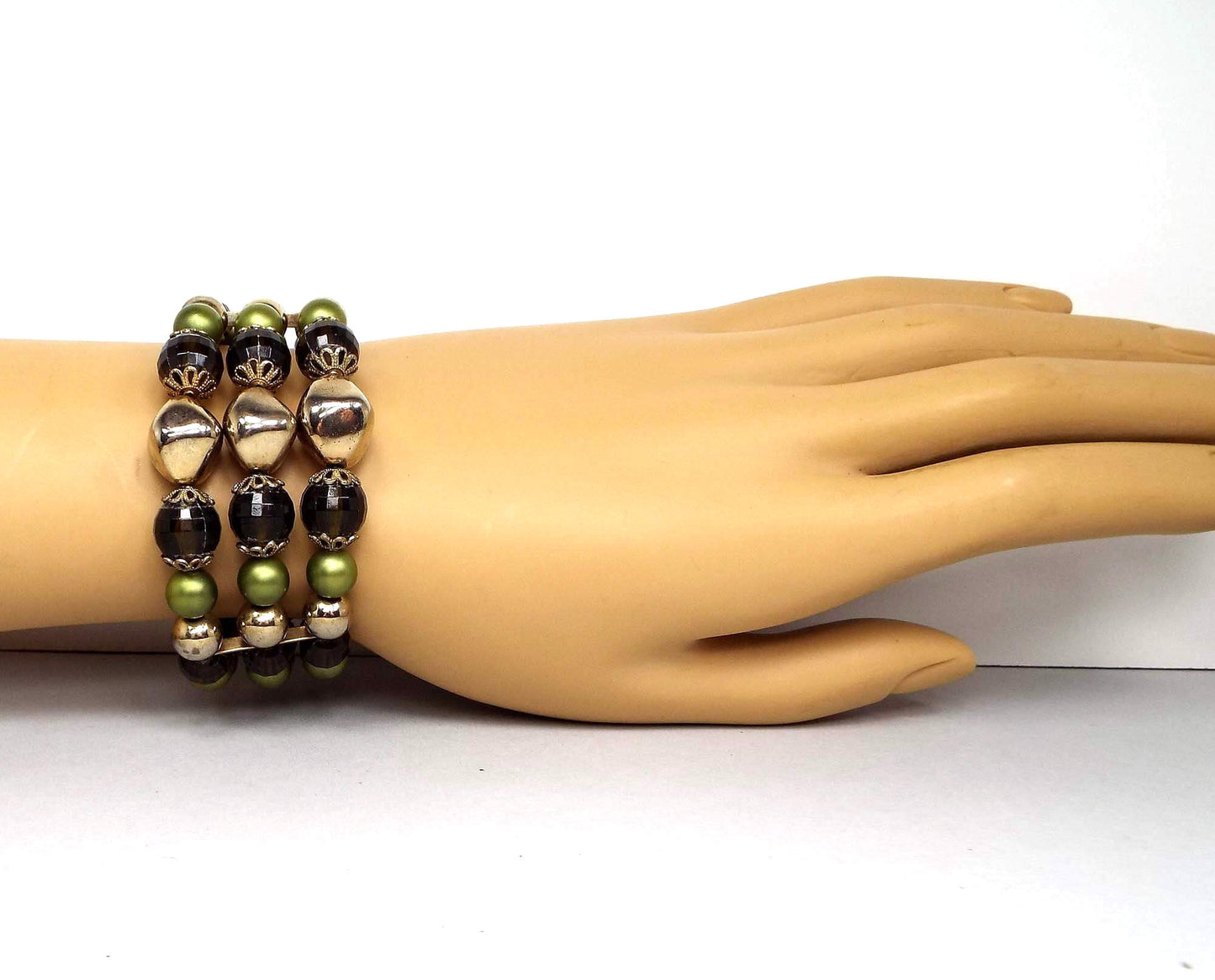 Green and Brown Beaded Memory Wire Vintage Bracelet