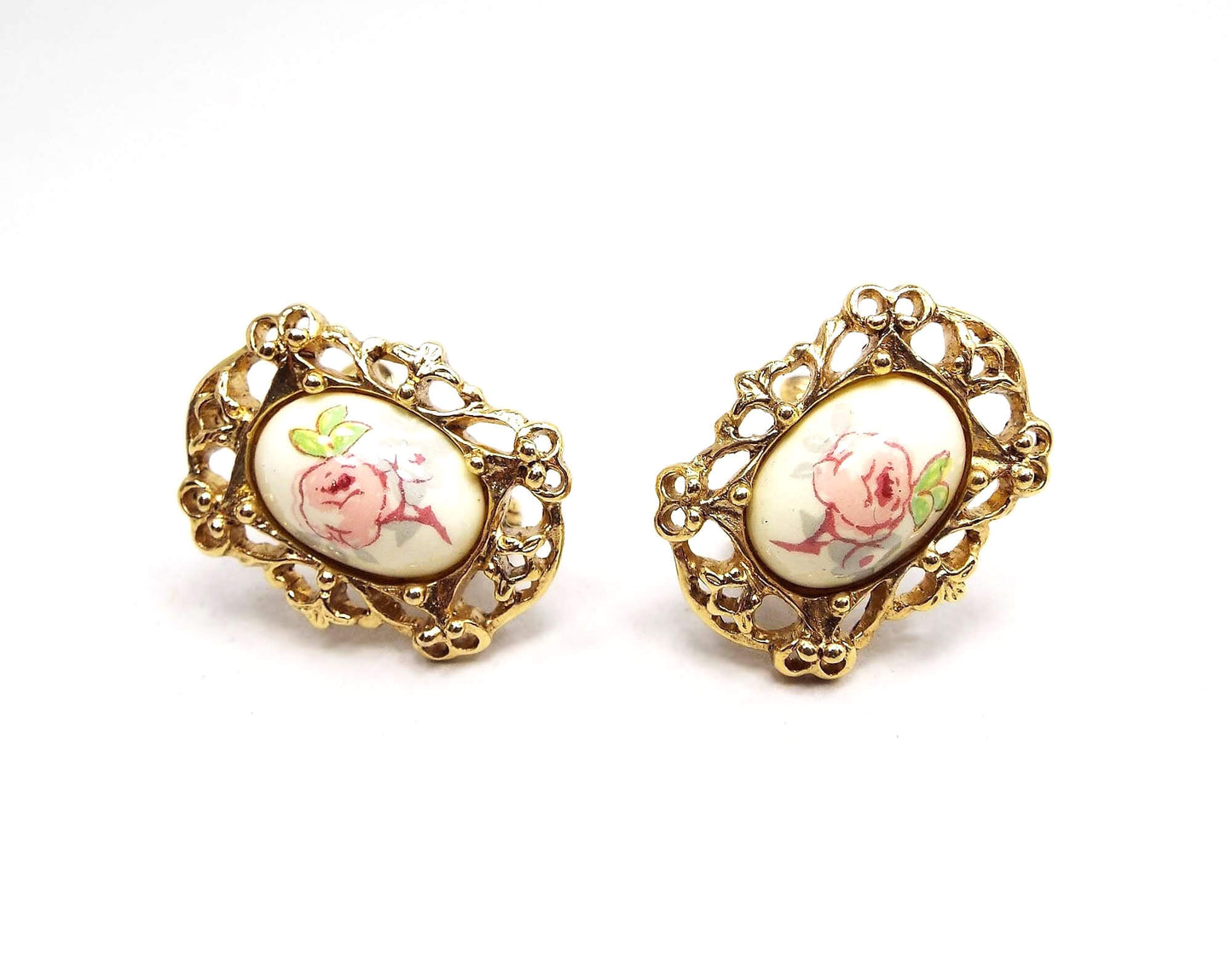 Pink Floral Vintage Clip on Earrings