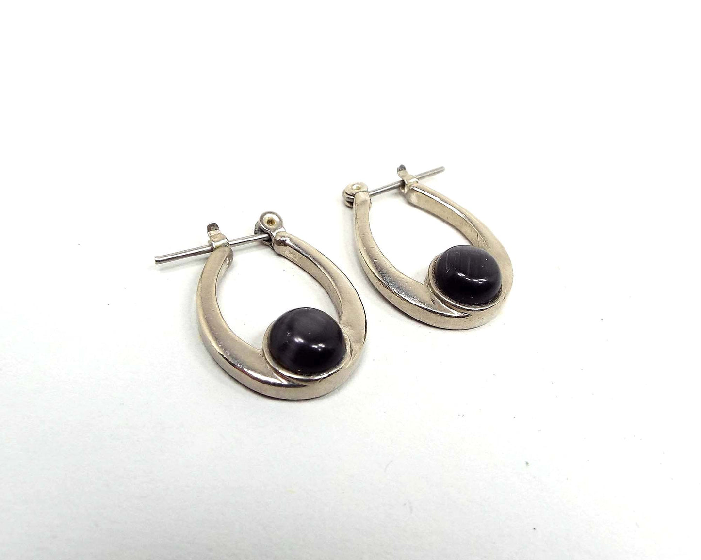 Dark Gray Glass Faux Cat's Eye Vintage Hoop Earrings