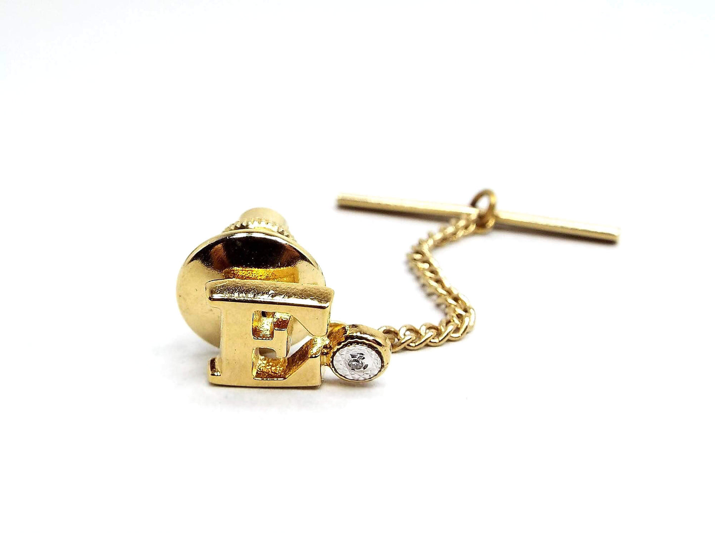 Retro Vintage Letter Initial E Tie Tack with Small Diamond Chip, 1980's Tie Pin