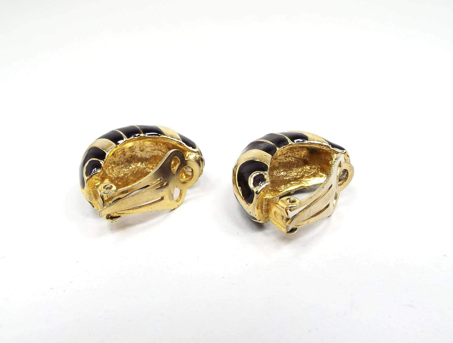 Black Enameled Vintage Half Hoop Clip on Earrings