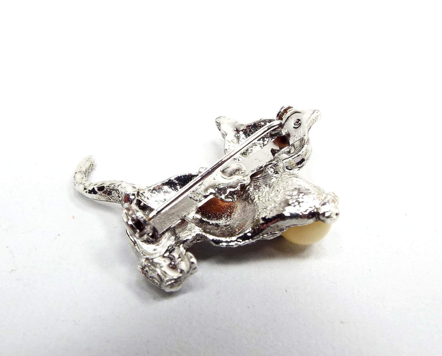 Cat with Ball Vintage Brooch Pin, Rhinestone Eyes