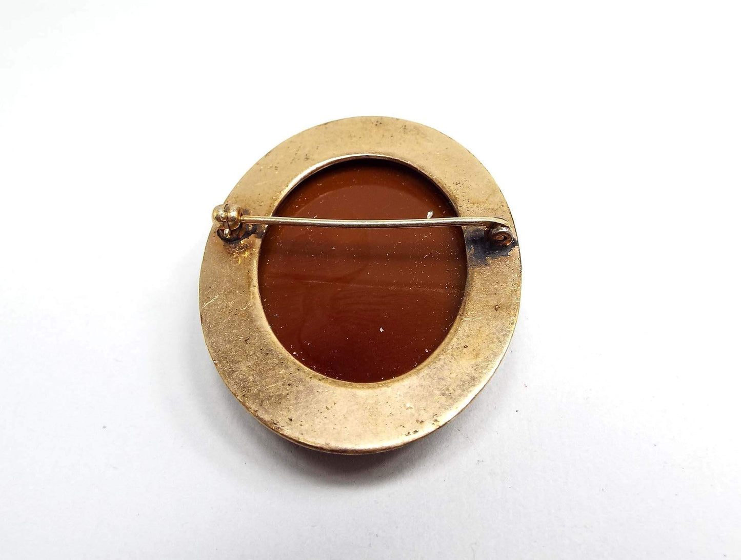 Brown Jasperware and Glass Vintage Cameo Brooch Pin with Faux Pearls