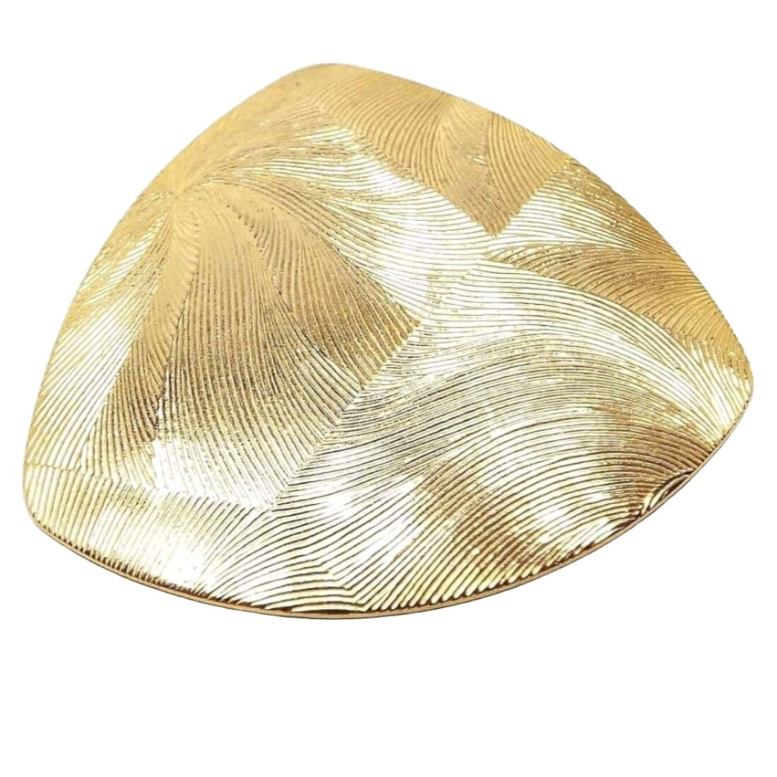 Front view of the retro vintage scarf clip. It has a rounded triangle design with brushed textured matte gold tone metal color.