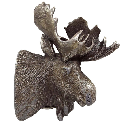 Front view of the retro vintage Bergamot Brass Works moose belt buckle. The metal buckle is pewter with varying shades of darker gray. It has a bust like design of a male moose head with large antlers. It is very detailed and textured in a 3D style design.