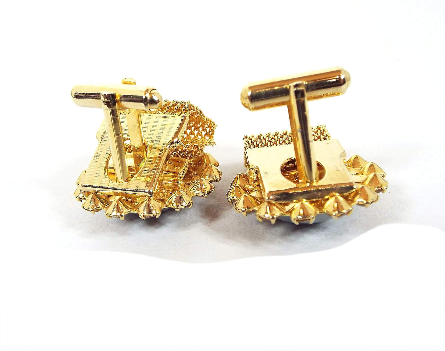 Orange Rhinestone and Faux Pearl Wrap Around Vintage Mesh Cufflinks, Mid Century Cuff Links