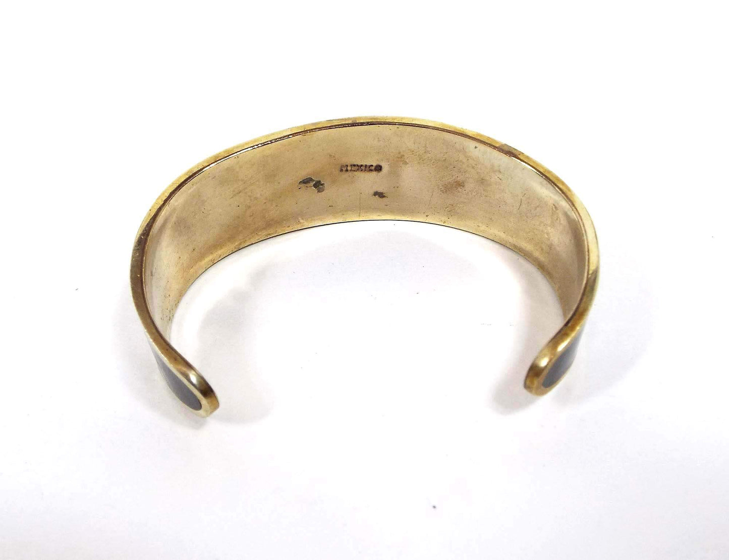 Mexican Vintage Black Enameled Chevron Abalone Cuff Bracelet
