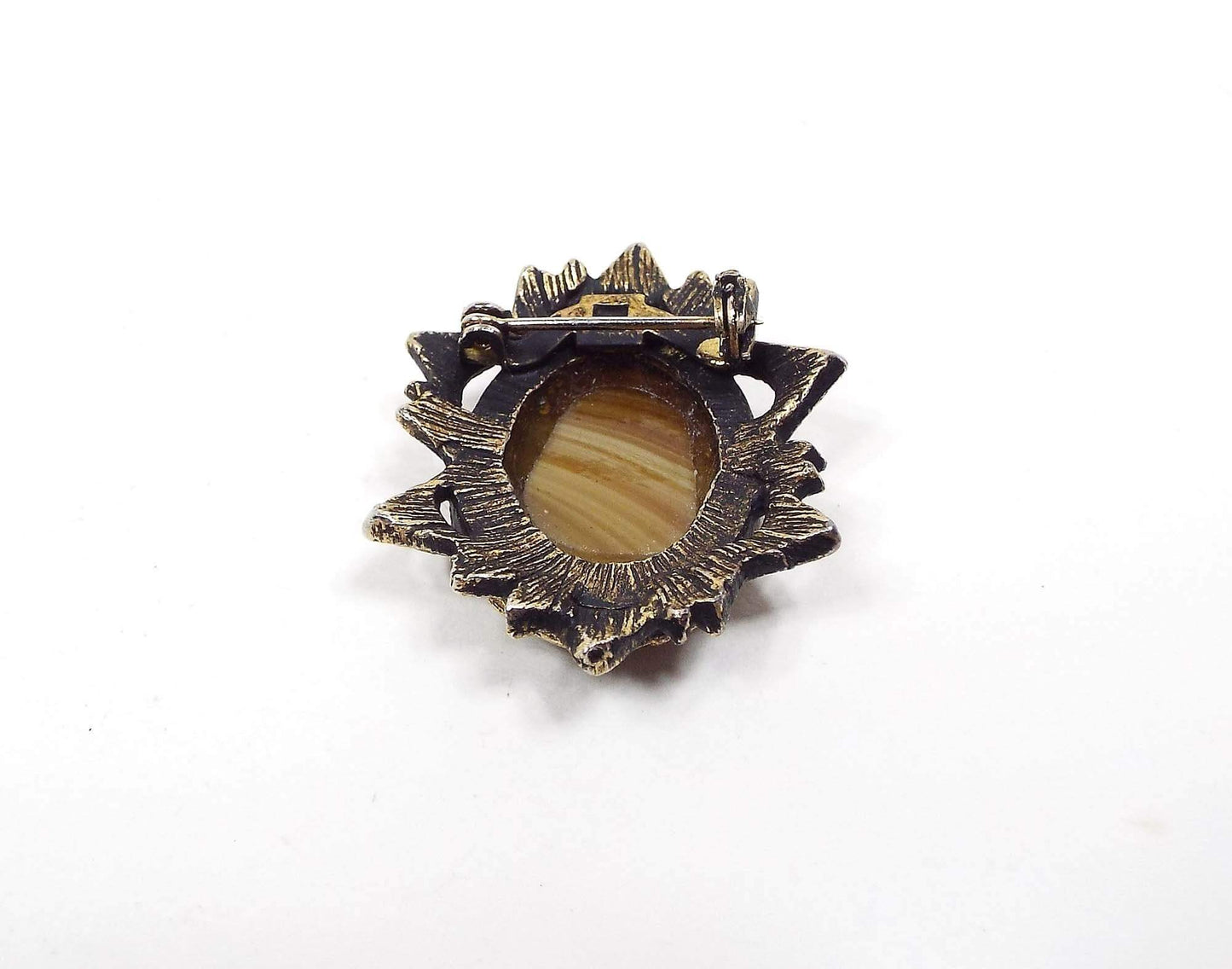 Agate Gemstone Vintage Brooch Pin, Antiqued Brass, Brutalist Style Starburst Shape