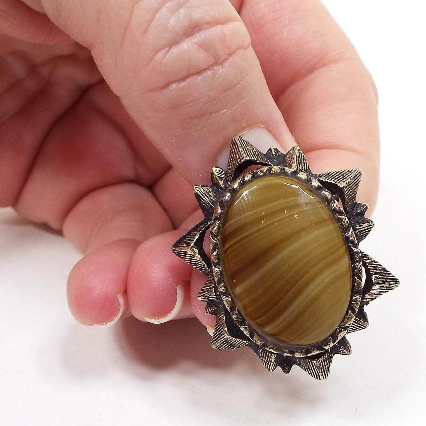 Agate Gemstone Vintage Brooch Pin, Antiqued Brass, Brutalist Style Starburst Shape