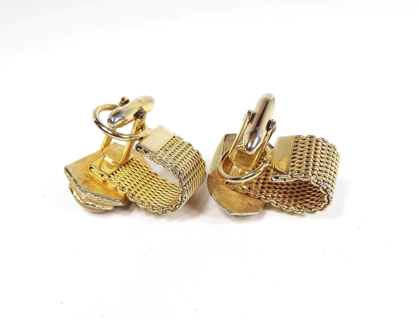 Fancy Glass Gold Tone Mesh Vintage Wrap Around Cufflinks, Domed Cuff Links