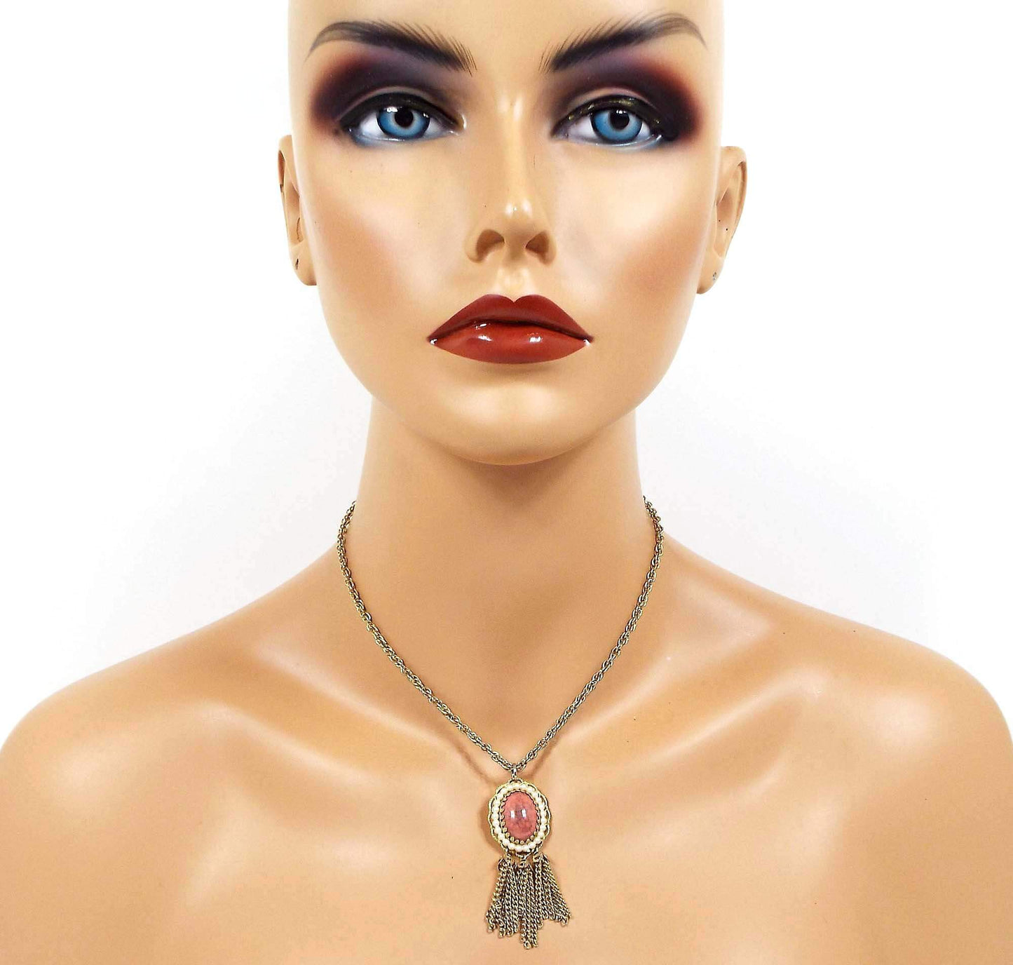 Dark Pink Boho Vintage Faux Pearl Tassel Pendant Necklace