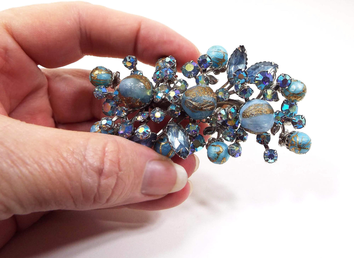 Large AB Blue Rhinestone and Beaded Vintage Brooch Pin