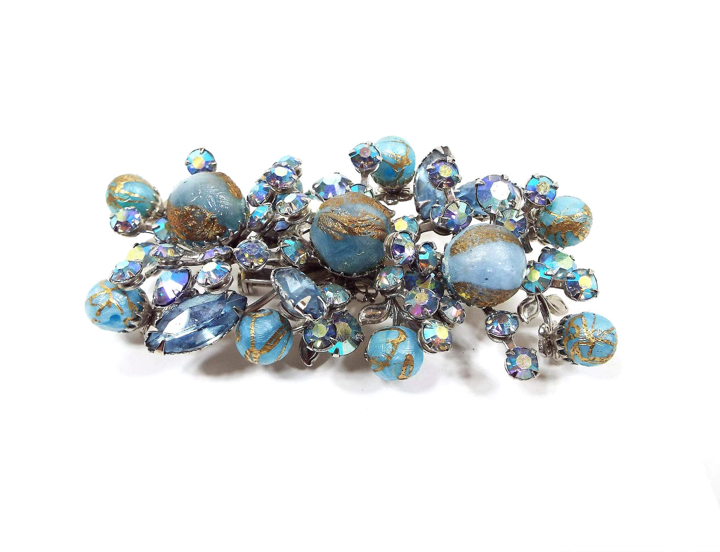 Large AB Blue Rhinestone and Beaded Vintage Brooch Pin