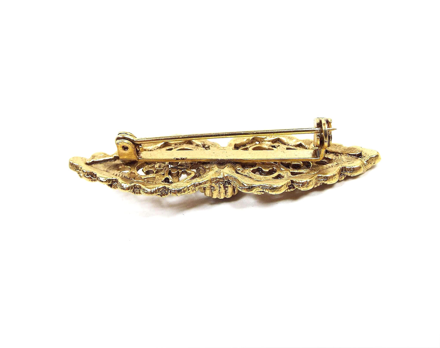 Victorian Revival Filigree Vintage Brooch Pin with Black Glass Cab