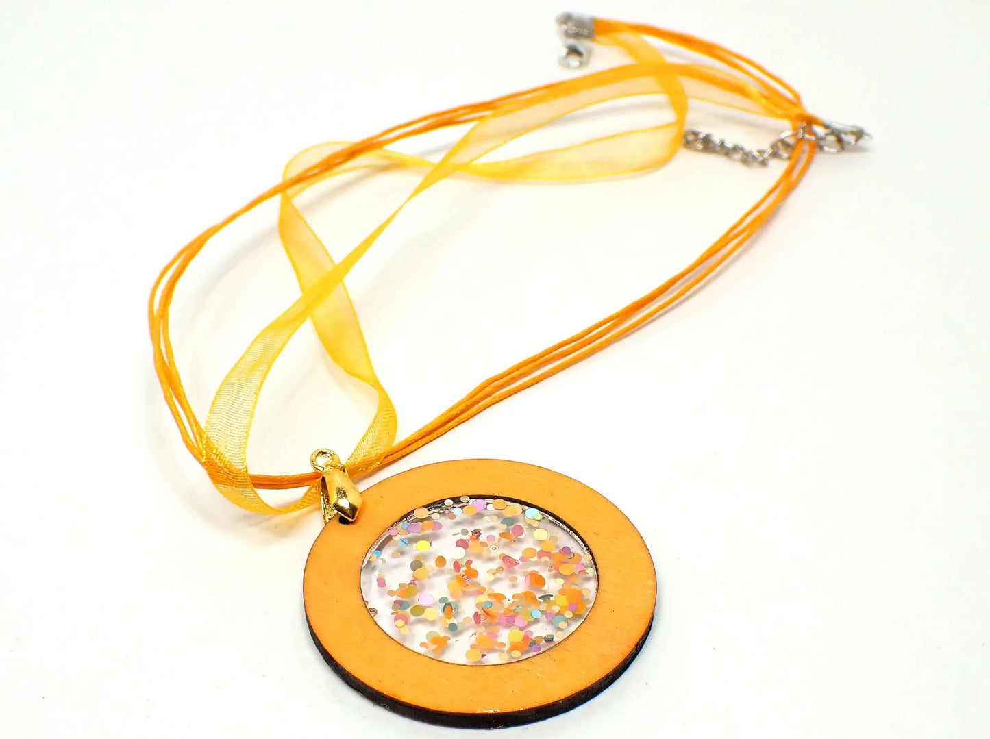 Handmade Round Orange Dyed Wood Pendant with Confetti Resin, Fashion Jewelry