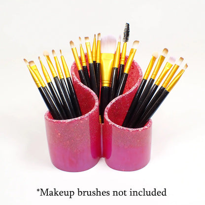 Handmade Bright Pink Resin Makeup Brush Holder with Iridescent Glitter, Pen Pencil Paintbrush Organizer