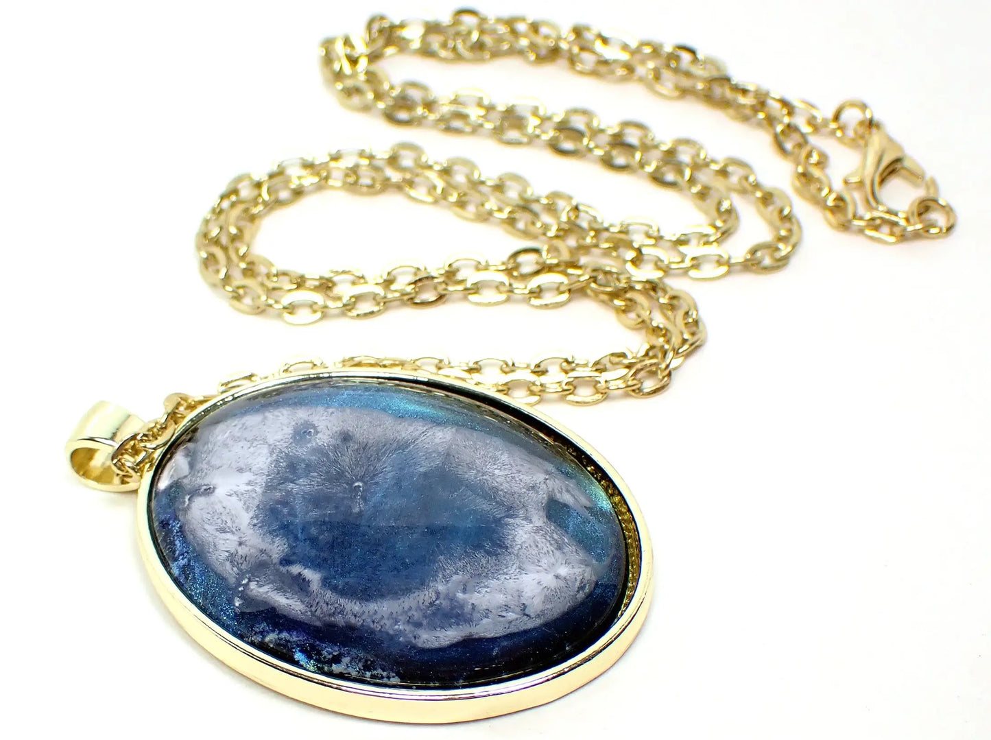 Large Oval Handmade Abstract Blue Frost Resin Pendant Necklace, Gold Plated