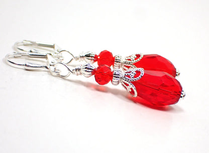 Red Handmade Glass Crystal Teardrop Earrings, Silver Plated, Hook Lever Back or Clip On