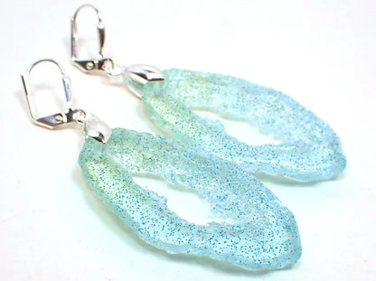 Faux Druzy Geode Slice Style Blue Green Glitter Resin Handmade Earrings, Silver Plated, Hook Lever Back or Clip On