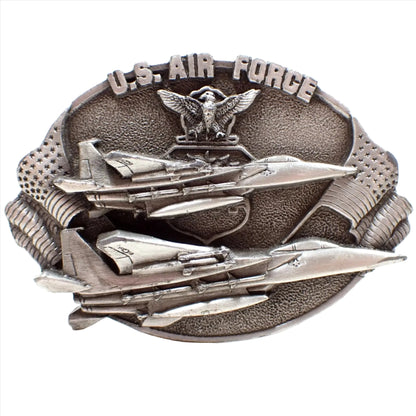 Front view of the retro vintage Bergamot Brass Works US Air Force belt buckle. It has an eagle, US flags, and two fighter jets on the front. The buckle is pewter and gray in color.
