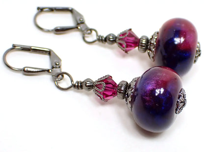 Pearly Pink and Blue Handmade Resin Drop Earrings, Gunmetal Plated, Hook Lever Back or Clip On