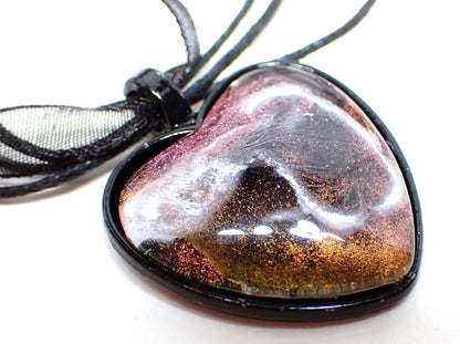 Iridescent Pink and Black Heart Handmade Resin Frost Pendant Necklace, Emo Goth Jewelry