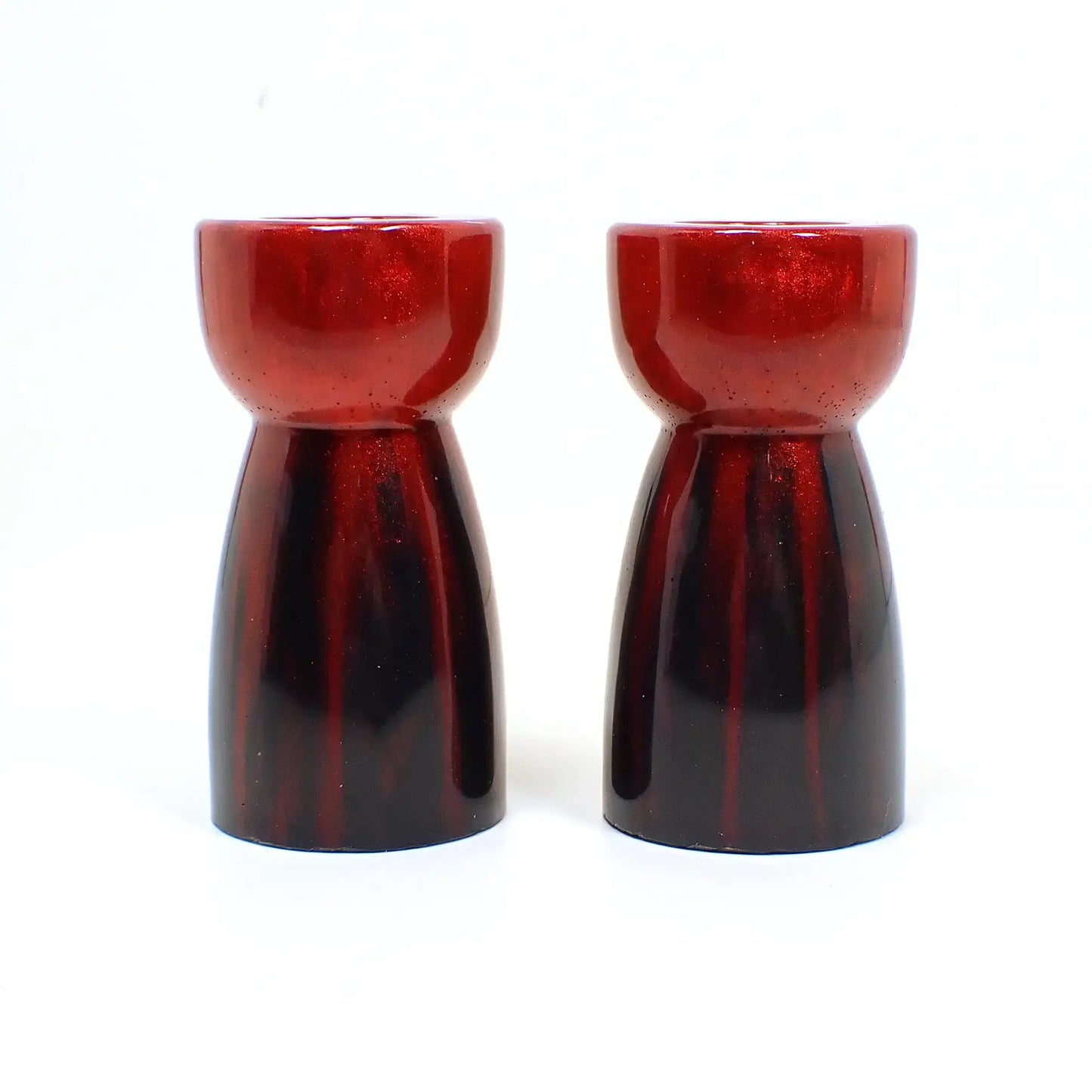 Set of Two Handmade Pearly Red and Black Resin Candle Candlestick Holders, Goth Vampire Halloween Decor