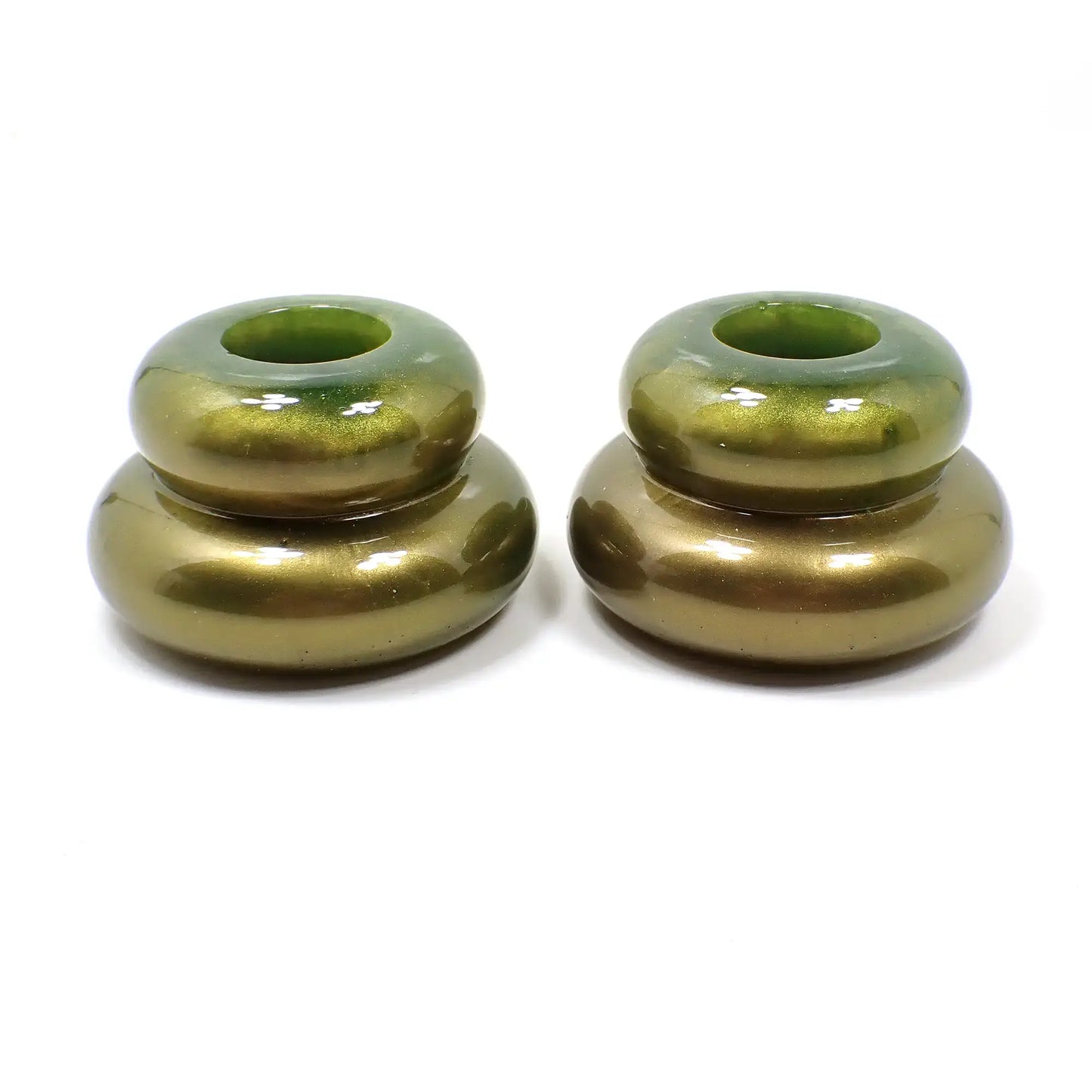 Set of Two Pearly Olive Green and Golden Brown Resin Handmade Puffy Round Double Ring Candlestick Candle Holders