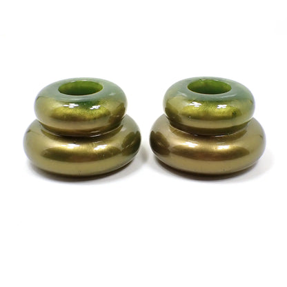 Set of Two Pearly Olive Green and Golden Brown Resin Handmade Puffy Round Double Ring Candlestick Holders