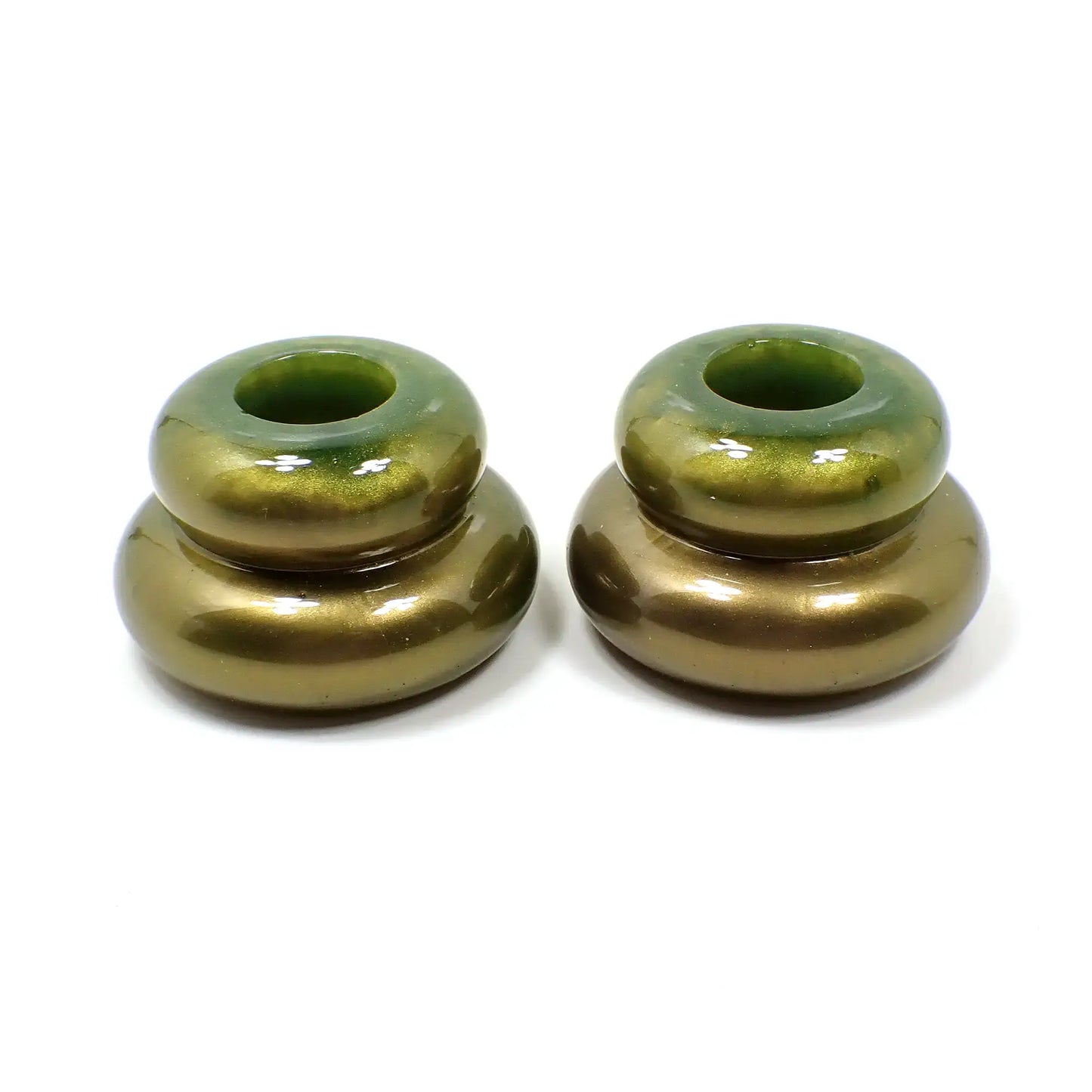 Set of Two Pearly Olive Green and Golden Brown Resin Handmade Puffy Round Double Ring Candlestick Holders