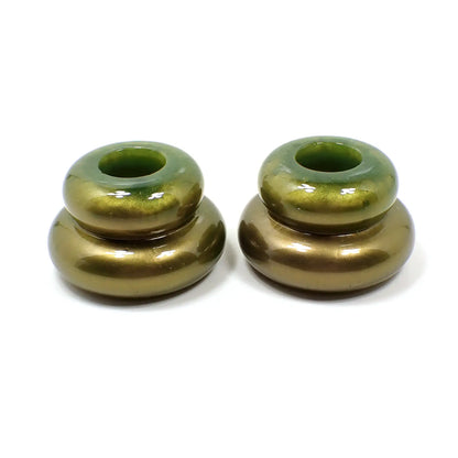 Set of Two Pearly Olive Green and Golden Brown Resin Handmade Puffy Round Double Ring Candlestick Holders