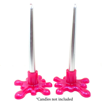 Set of Two Large Splat Drip Style Handmade Bright Pearly Pink Resin Candlestick Holders
