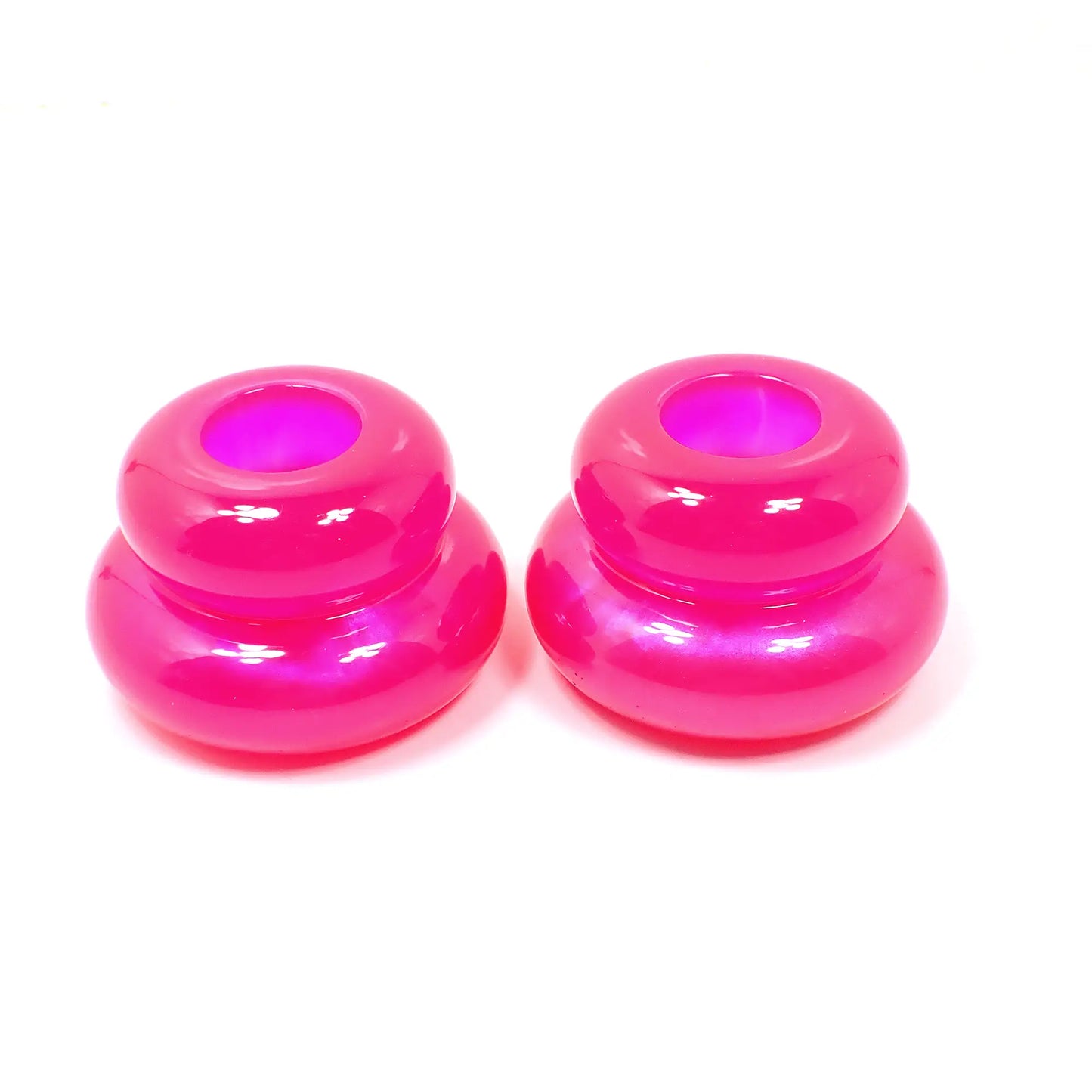 Set of Two Bright Neon and Pearly Pink Resin Handmade Puffy Round Double Ring Candlestick Holders