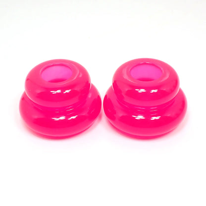 Set of Two Bright Neon Pink Resin Handmade Puffy Round Double Ring Candlestick Holders