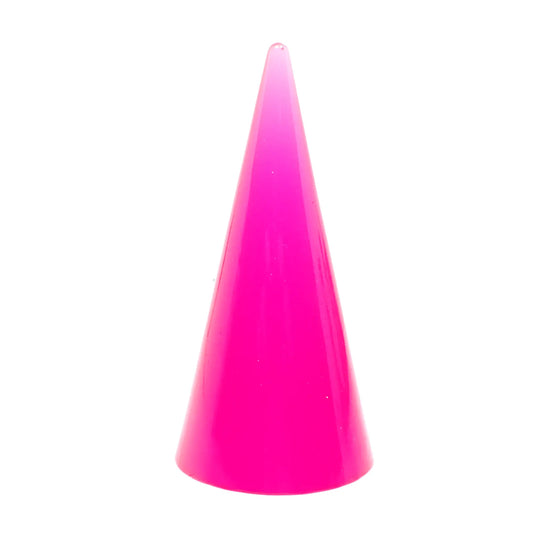 Side view of the handmade resin ring holder. It is shaped like a cone and has bright neon pink color resin.
