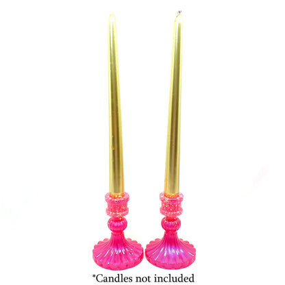 Set of Two Vintage Style Handmade Bright Pearly Pink Resin Candlestick Holders with Chunky Iridescent Glitter
