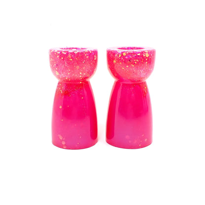 Set of Two Handmade Bright Pearly Pink and Iridescent Glitter Resin Candlestick Holders