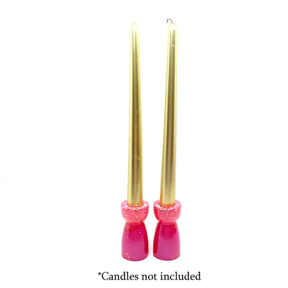 Set of Two Handmade Bright Pearly Pink and Iridescent Glitter Resin Candlestick Holders